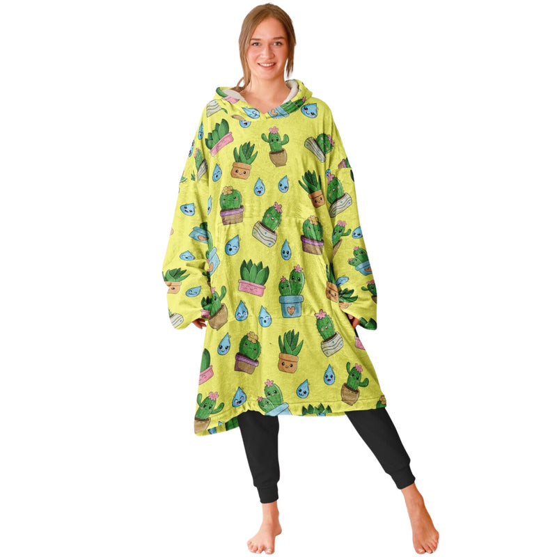 CACTUS SLEEP HOODIE - Premium Soft Polyester Unisize Wearable Snug Hoodie Blanket With Plush Hood - GratiTea - Snug Hoodie Economy - AOP