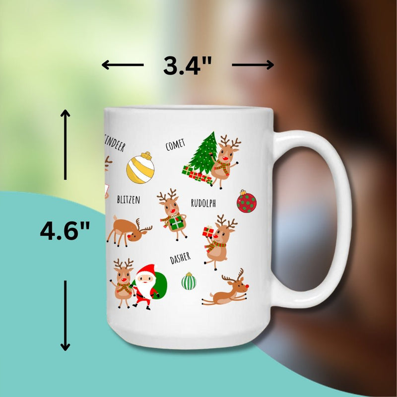 CHRISTMAS REINDEER SEASONAL MUG - Premium Large White Round BPA-Free Cute Ceramic Coffee Tea Mug With C-Handle, 15OZ (8143036) - GratiTea - Mug