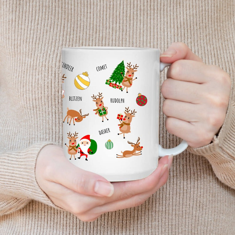 CHRISTMAS REINDEER SEASONAL MUG - Premium Large White Round BPA-Free Cute Ceramic Coffee Tea Mug With C-Handle, 15OZ (8143036) - GratiTea - Mug