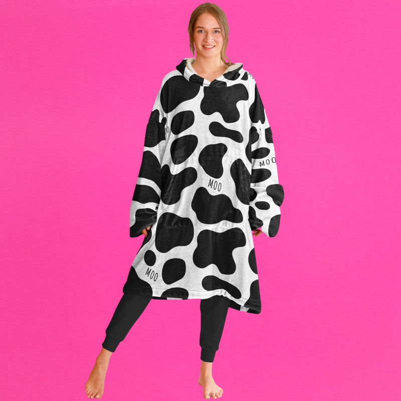 COW PRINT SLEEP HOODIE - Premium Soft Polyester Wearable Snug Hoodie Blanket With Plush Hood (4821780) - GratiTea - Snug Hoodie Economy - AOP