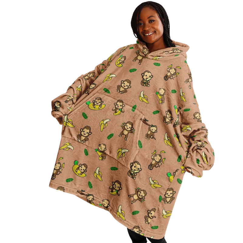 MONKEY SLEEP HOODIE - Premium Soft Polyester Unisize Wearable Snug Hoodie Blanket With Plush Hood - GratiTea - Snug Hoodie Economy - AOP